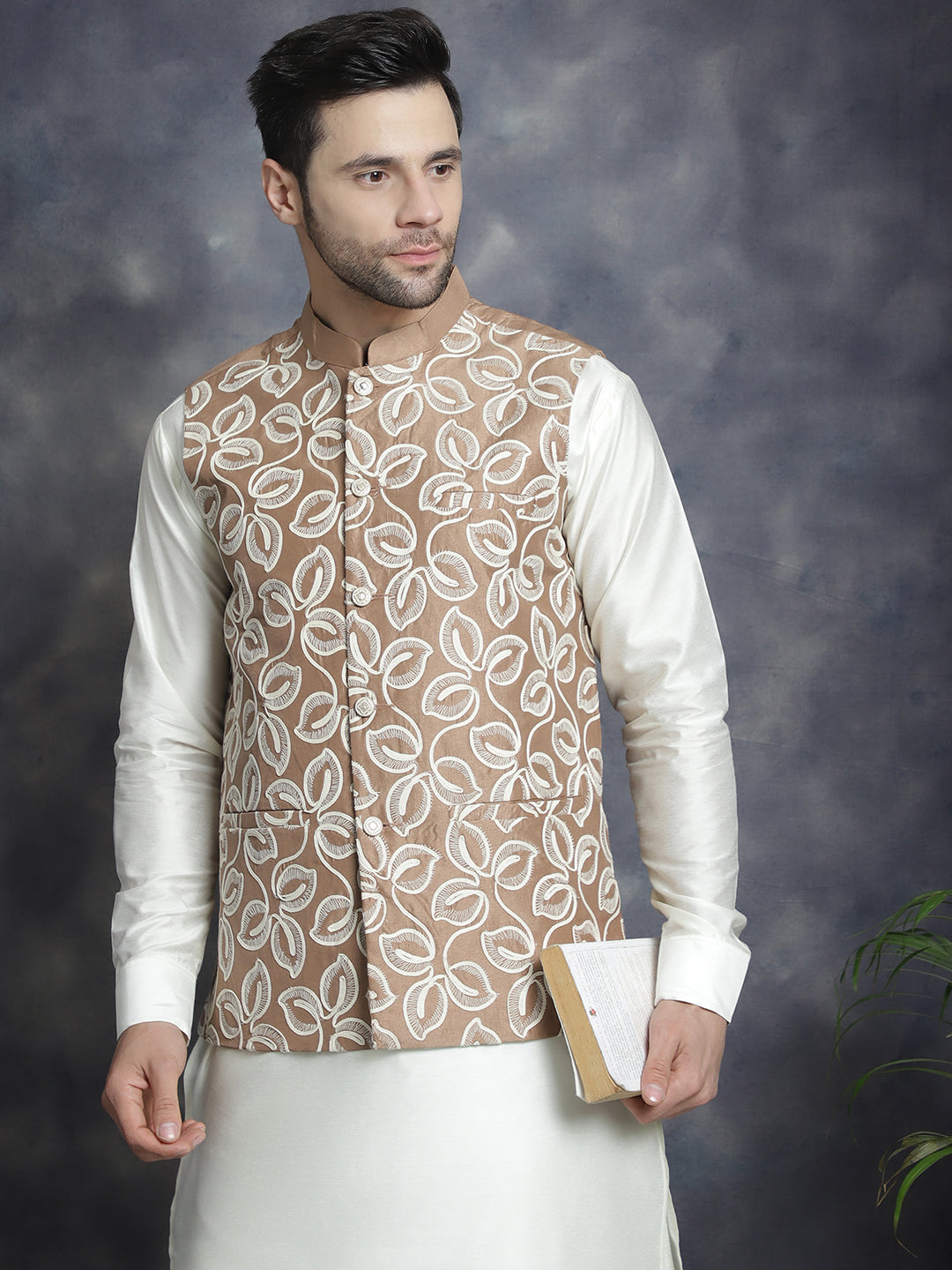 Jompers Men's Embroidred Nehru Jacket With Solid Kurta Pyjama - Brown - Distacart