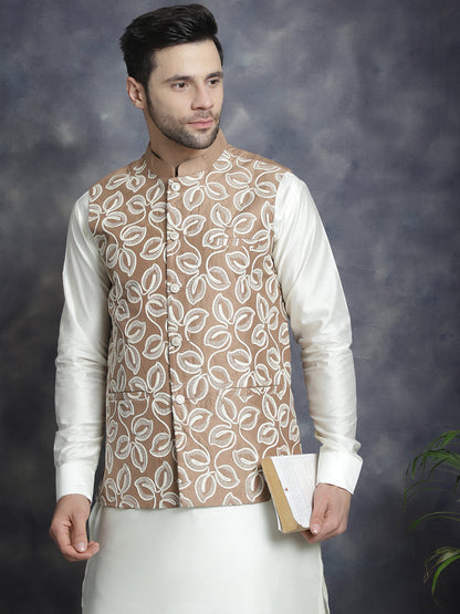 Jompers Men's Embroidred Nehru Jacket With Solid Kurta Pyjama - Brown - Distacart