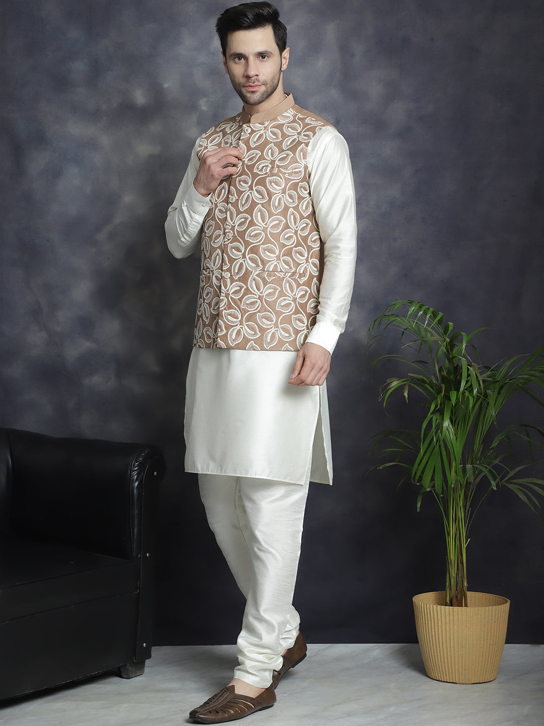 Jompers Men's Embroidred Nehru Jacket With Solid Kurta Pyjama - Brown - Distacart