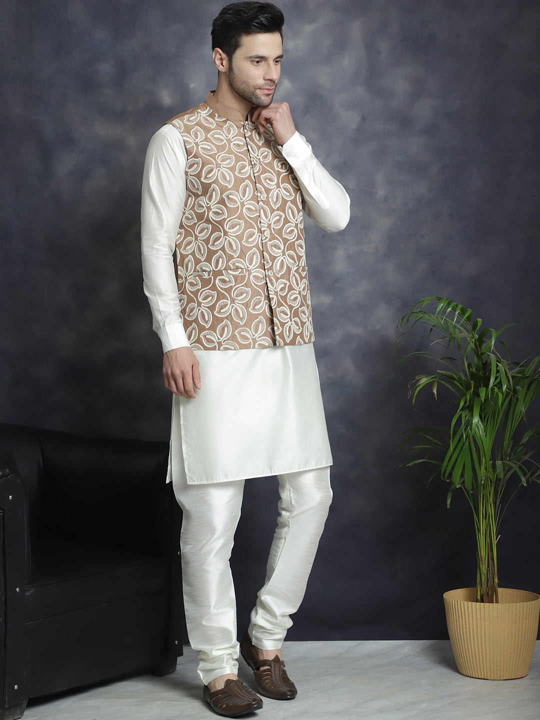 Jompers Men's Embroidred Nehru Jacket With Solid Kurta Pyjama - Brown - Distacart