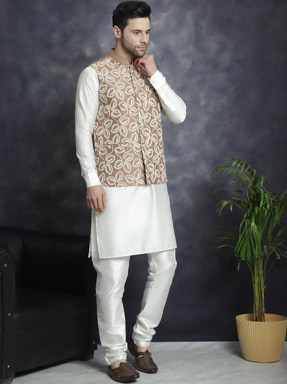 Jompers Men's Embroidred Nehru Jacket With Solid Kurta Pyjama - Brown - Distacart