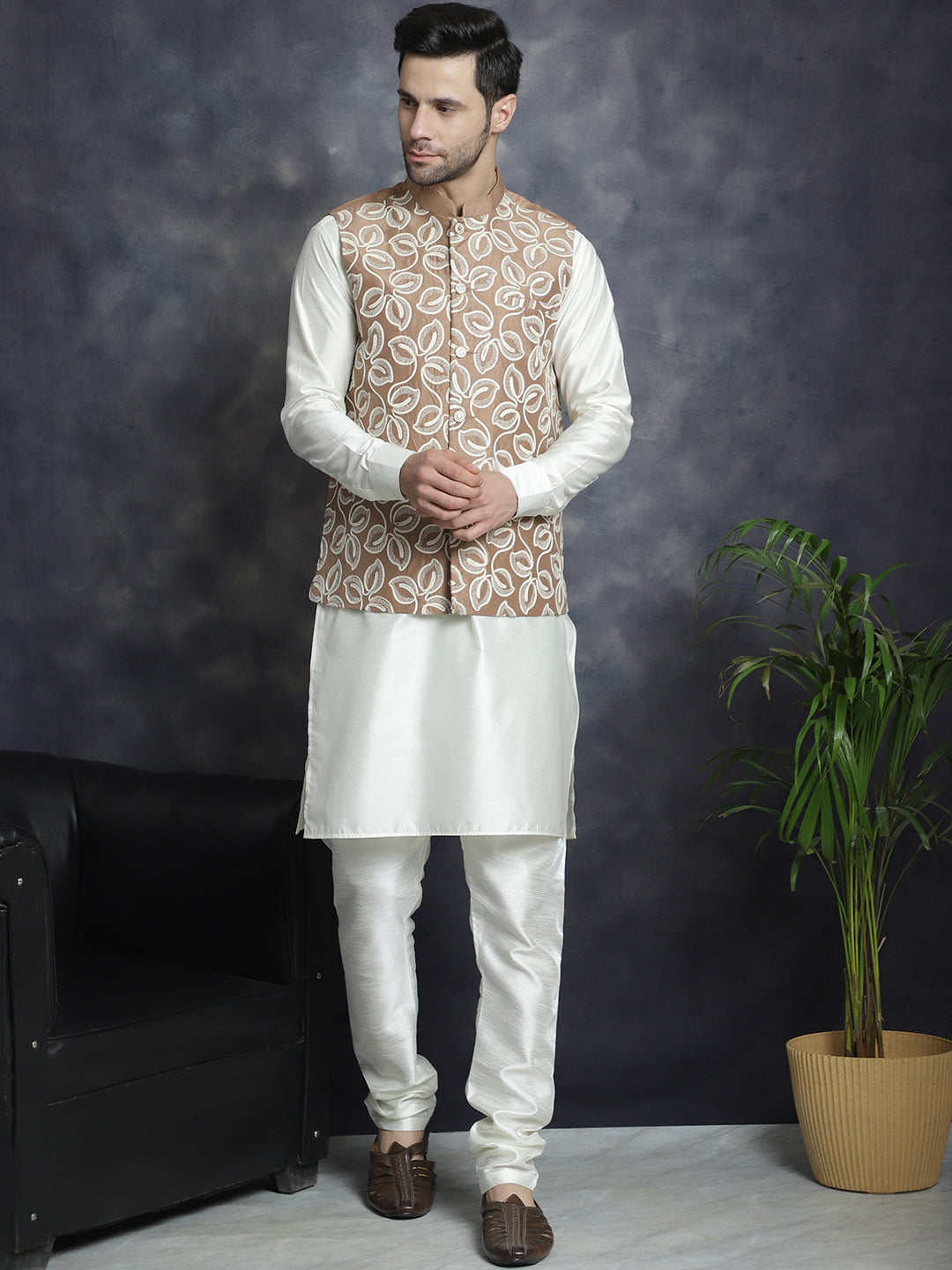 Jompers Men's Embroidred Nehru Jacket With Solid Kurta Pyjama - Brown - Distacart