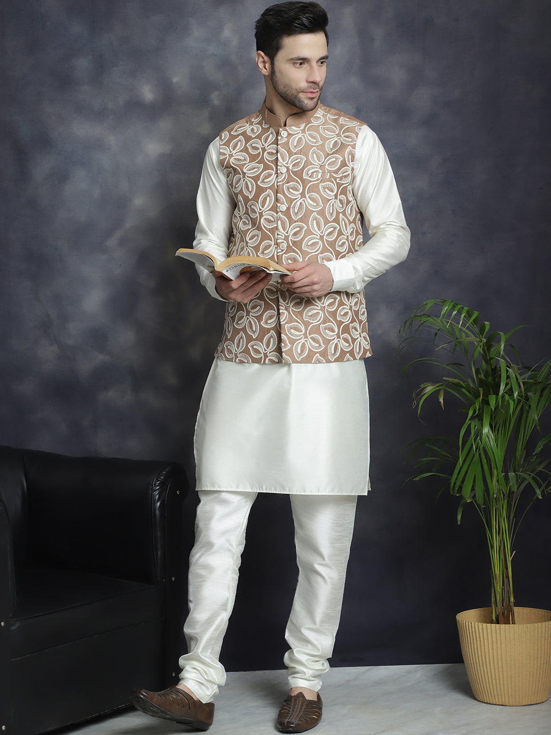 Jompers Men's Embroidred Nehru Jacket With Solid Kurta Pyjama - Brown - Distacart