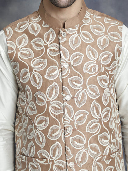 Jompers Men's Embroidred Nehru Jacket With Solid Kurta Pyjama - Brown - Distacart