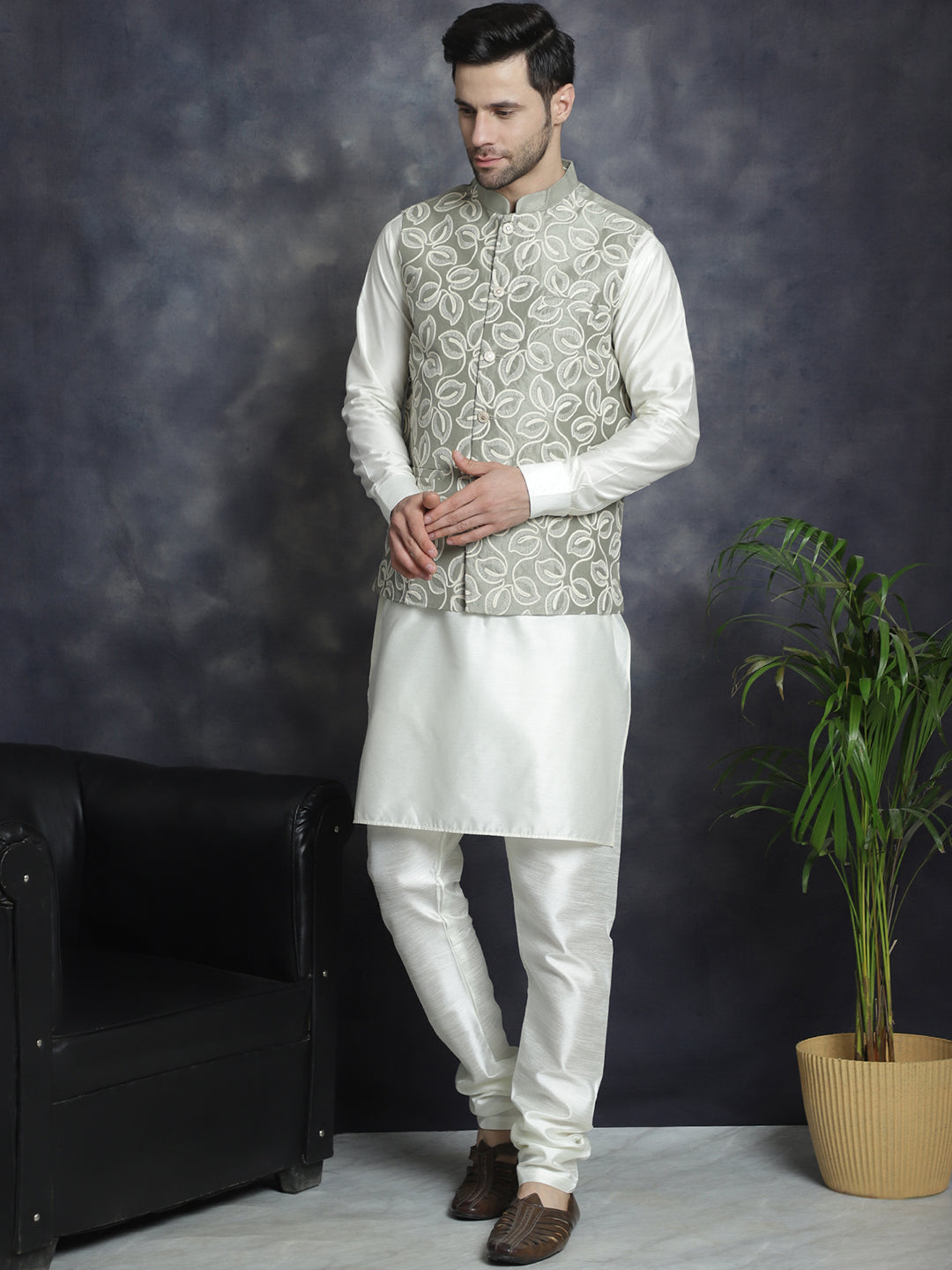 Jompers Men's Embroidred Nehru Jacket With Solid Kurta Pyjama - Pista - Distacart