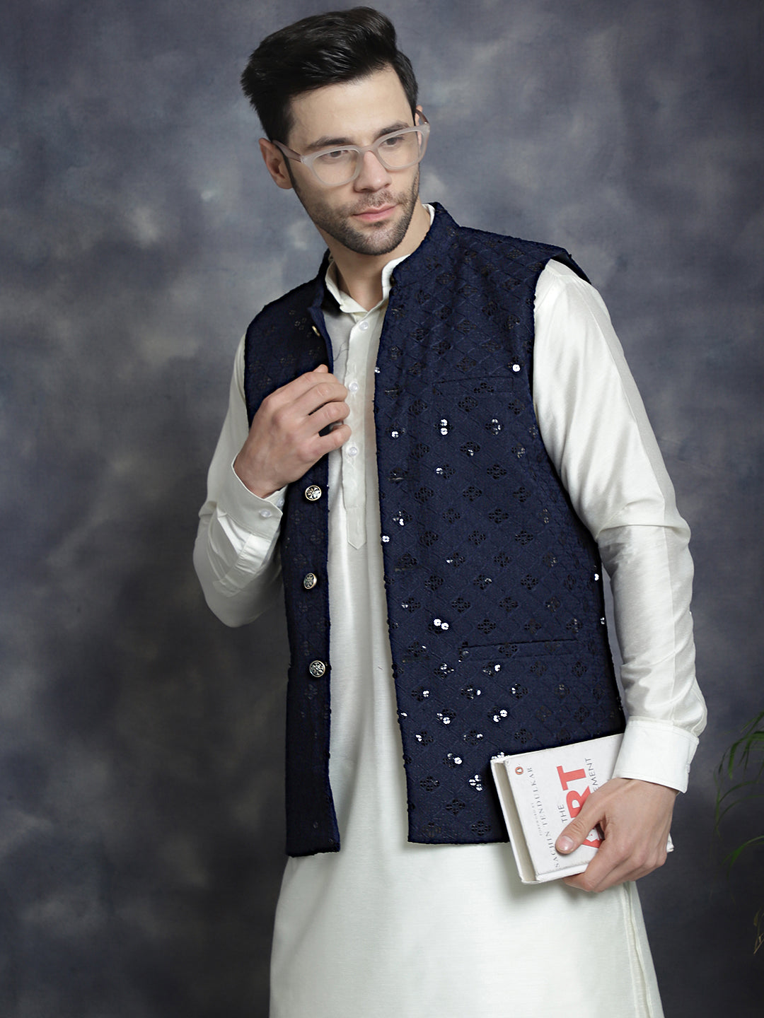 Jompers Men's Sequins and Embroidred Nehru Jacket With Solid Kurta Pyjama - Navy Blue - Distacart