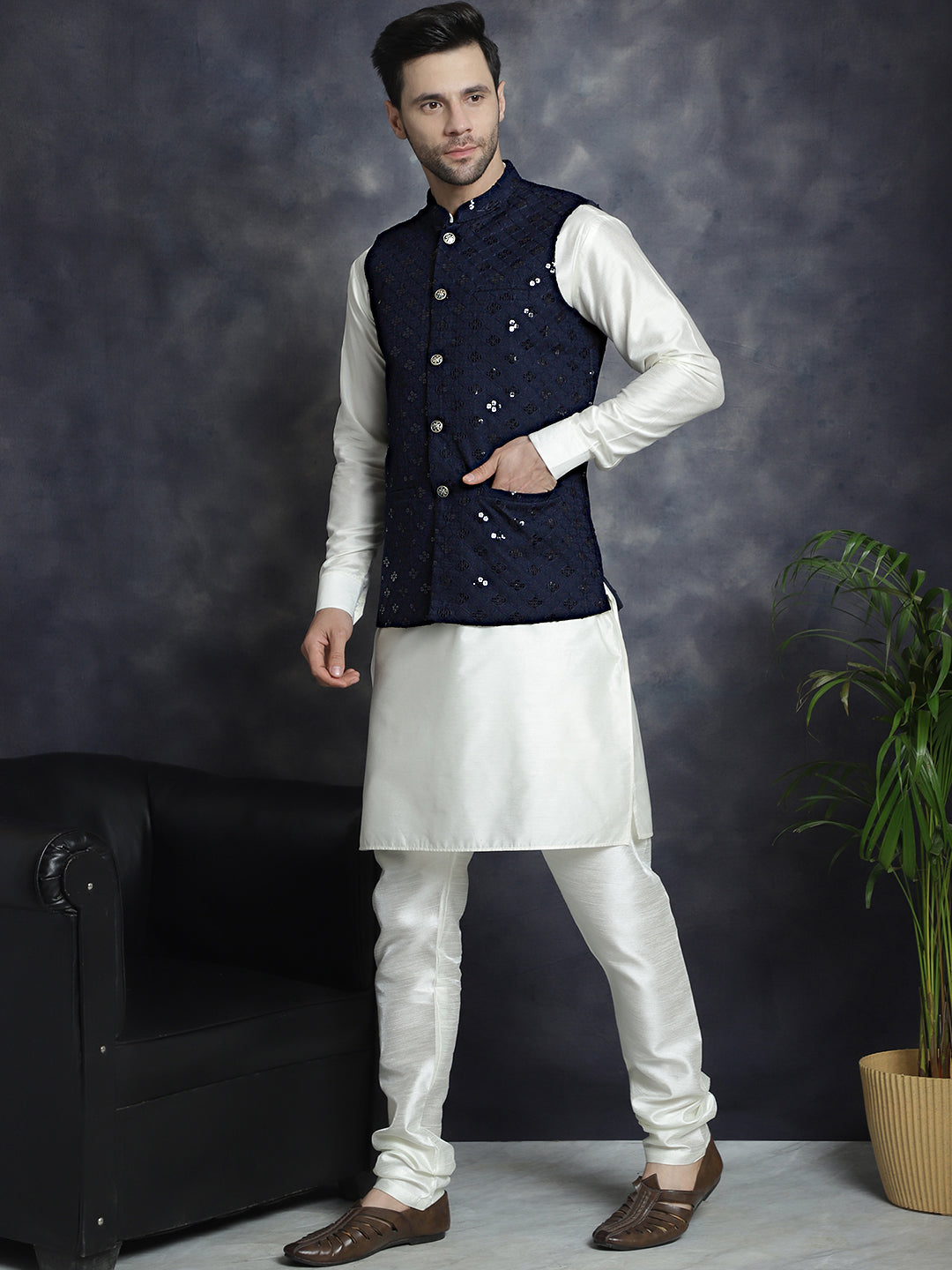 Jompers Men's Sequins and Embroidred Nehru Jacket With Solid Kurta Pyjama - Navy Blue - Distacart
