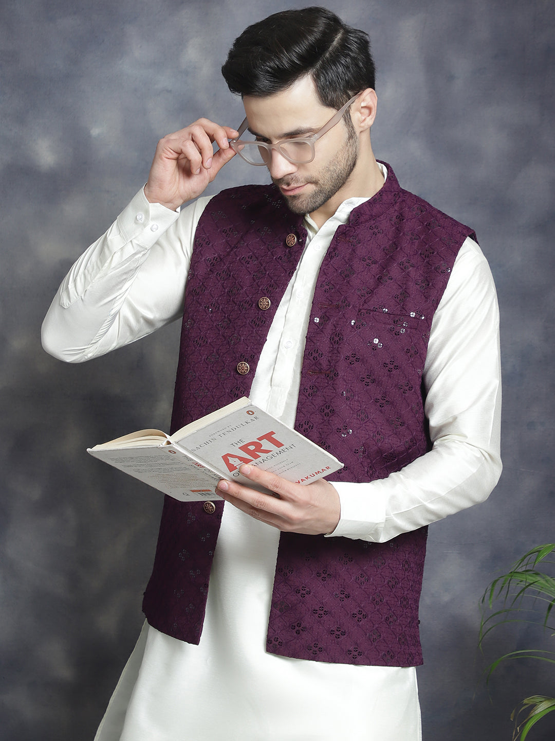 Jompers Men's Sequins and Embroidred Nehru Jacket With Solid Kurta Pyjama - Purple - Distacart