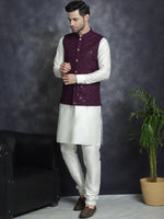 Thumbnail for Jompers Men's Sequins and Embroidred Nehru Jacket With Solid Kurta Pyjama - Purple - Distacart