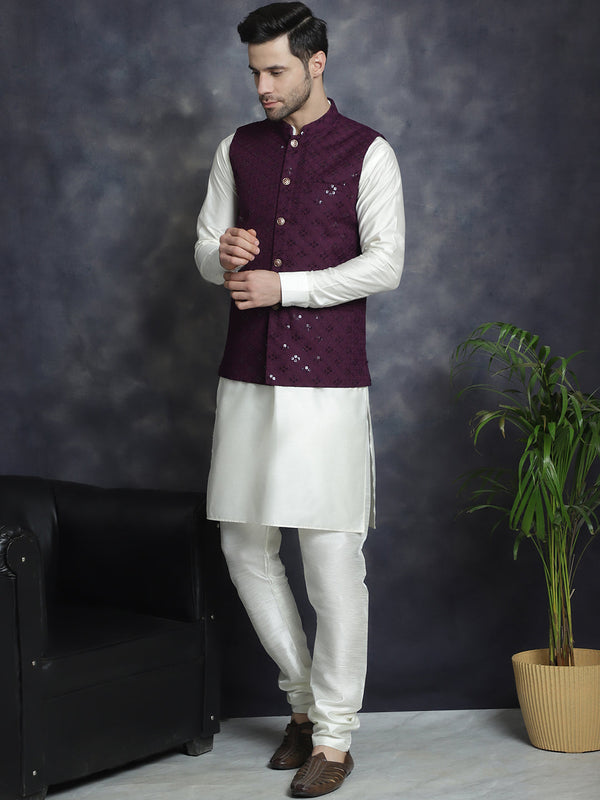 Jompers Men's Sequins and Embroidred Nehru Jacket With Solid Kurta Pyjama - Purple - Distacart