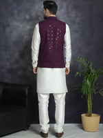 Thumbnail for Jompers Men's Sequins and Embroidred Nehru Jacket With Solid Kurta Pyjama - Purple - Distacart
