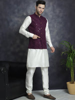 Thumbnail for Jompers Men's Sequins and Embroidred Nehru Jacket With Solid Kurta Pyjama - Purple - Distacart