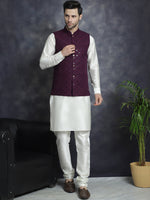 Thumbnail for Jompers Men's Sequins and Embroidred Nehru Jacket With Solid Kurta Pyjama - Purple - Distacart