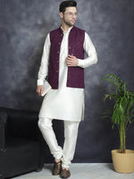 Thumbnail for Jompers Men's Sequins and Embroidred Nehru Jacket With Solid Kurta Pyjama - Purple - Distacart