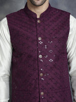 Thumbnail for Jompers Men's Sequins and Embroidred Nehru Jacket With Solid Kurta Pyjama - Purple - Distacart