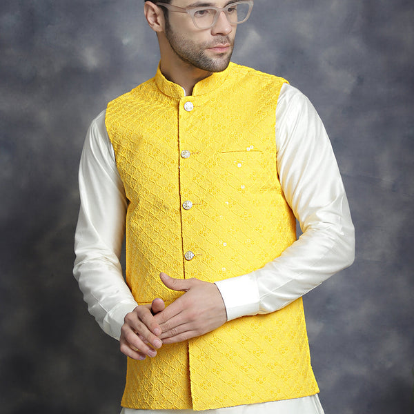 Jompers Men's Sequins and Embroidred Nehru Jacket With Solid Kurta Pyjama - Yellow - Distacart