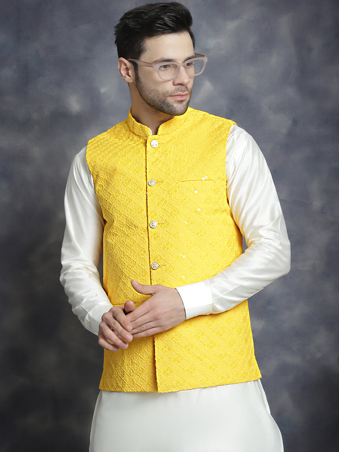 Jompers Men's Sequins and Embroidred Nehru Jacket With Solid Kurta Pyjama - Yellow - Distacart