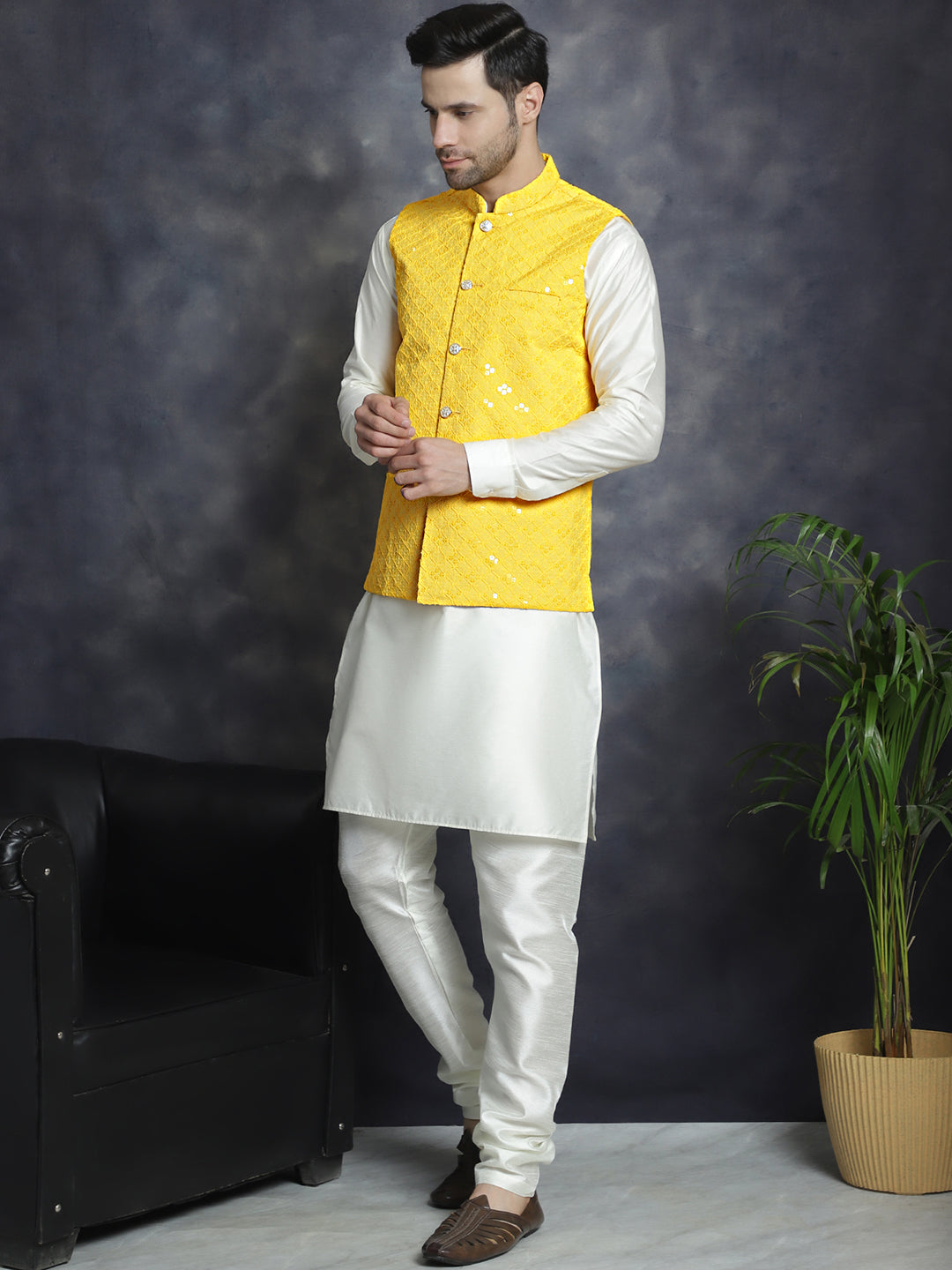 Jompers Men's Sequins and Embroidred Nehru Jacket With Solid Kurta Pyjama - Yellow - Distacart