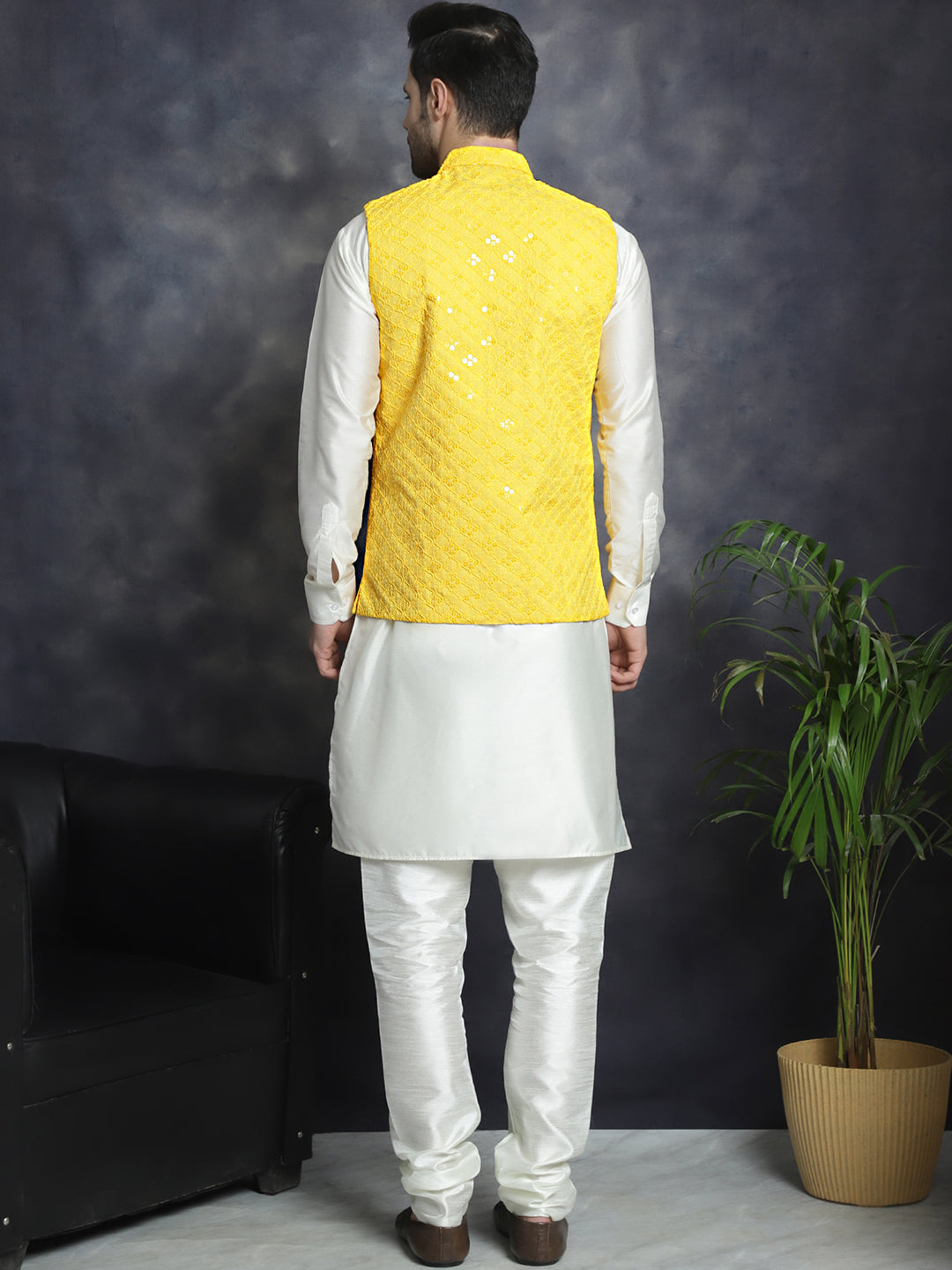Jompers Men's Sequins and Embroidred Nehru Jacket With Solid Kurta Pyjama - Yellow - Distacart