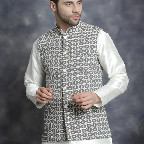 Jompers Men's Embroidred Nehru Jacket With Solid Kurta Pyjama - Grey - Distacart