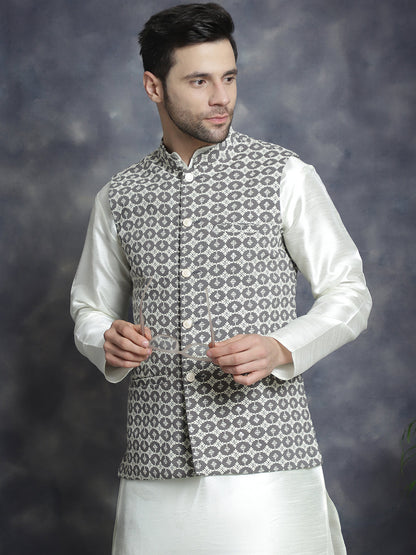 Jompers Men's Embroidred Nehru Jacket With Solid Kurta Pyjama - Grey - Distacart