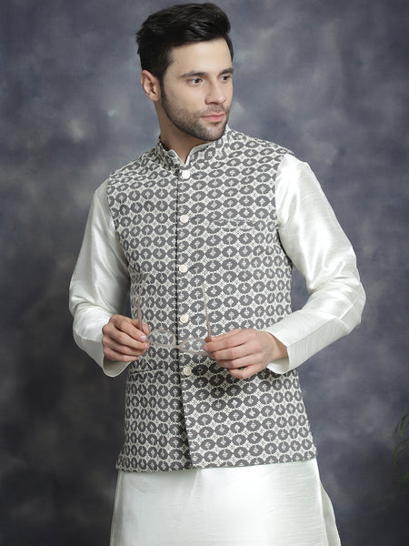 Jompers Men's Embroidred Nehru Jacket With Solid Kurta Pyjama - Grey - Distacart