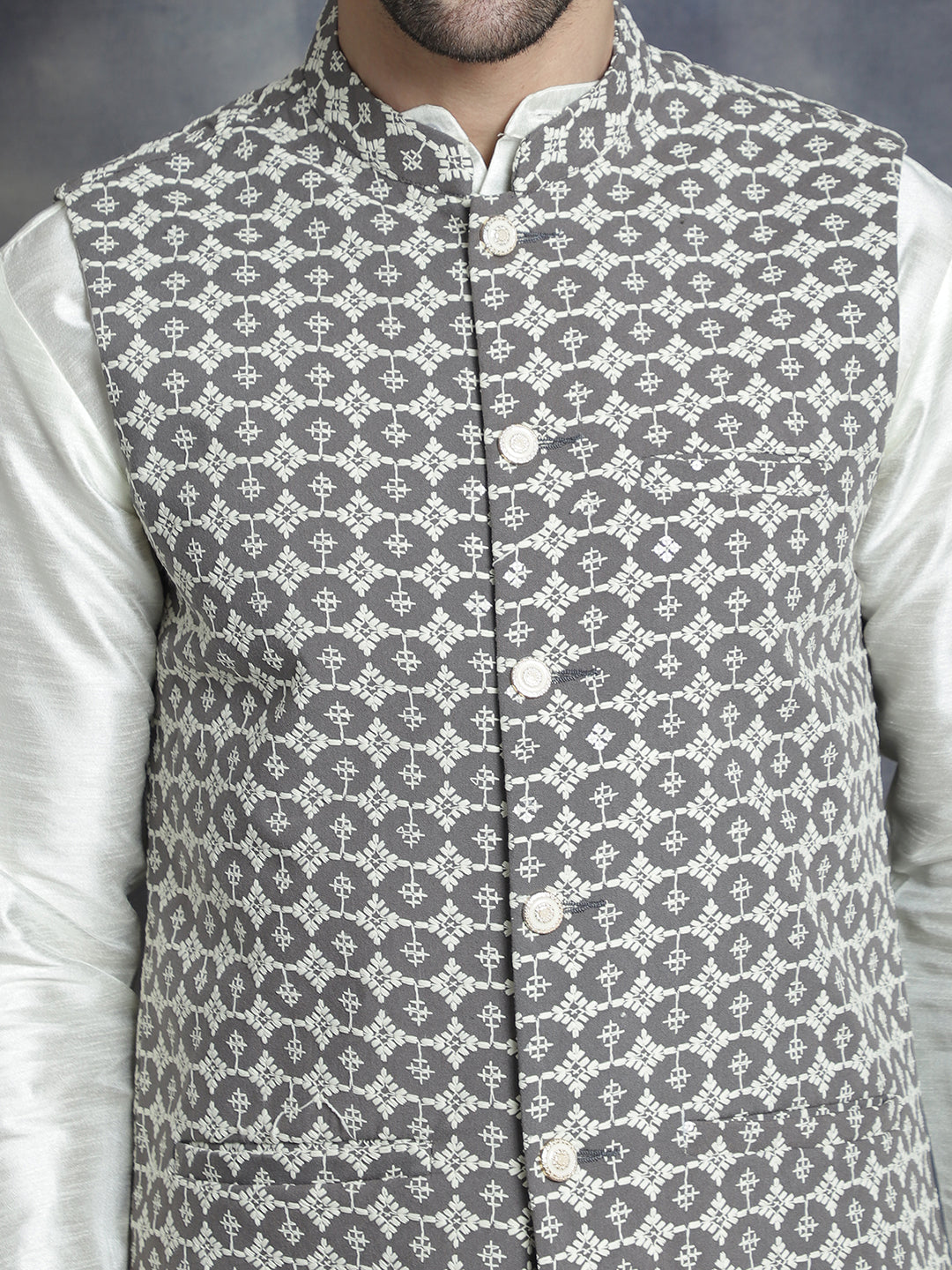 Jompers Men's Embroidred Nehru Jacket With Solid Kurta Pyjama - Grey - Distacart