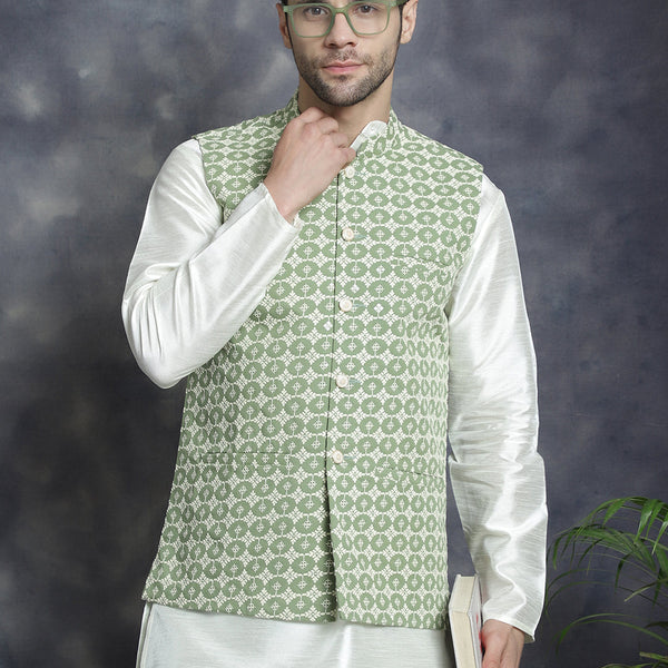 Jompers Men's Embroidred Nehru Jacket With Solid Kurta Pyjama - Mehndi - Distacart