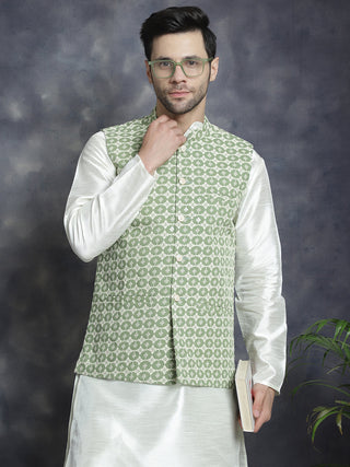 Jompers Men's Embroidred Nehru Jacket With Solid Kurta Pyjama - Mehndi - Distacart