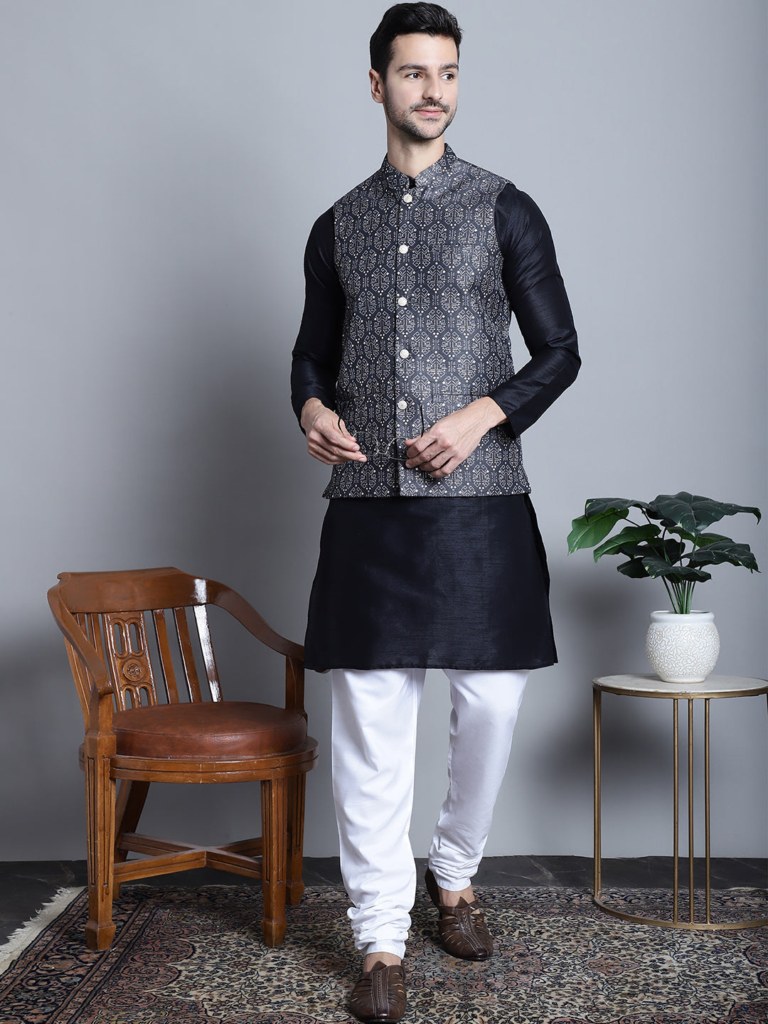 Jompers Men's Printed Nehru Jacket With Kurta Pyjama Set - Charcoal - Distacart