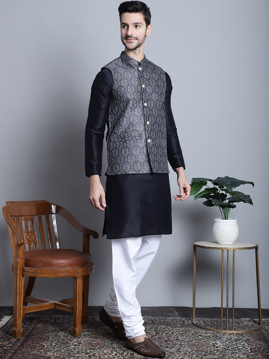 Jompers Men's Printed Nehru Jacket With Kurta Pyjama Set - Charcoal - Distacart