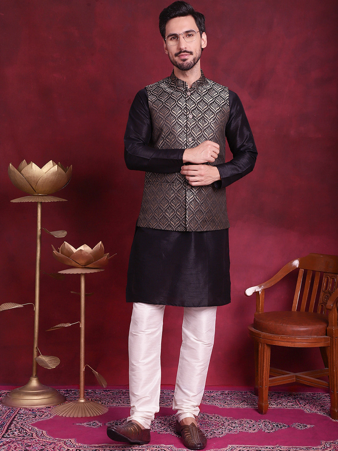 Jompers Men's Woven Design Nehru Jacket With Kurta Pyjama Set - Golden - Distacart