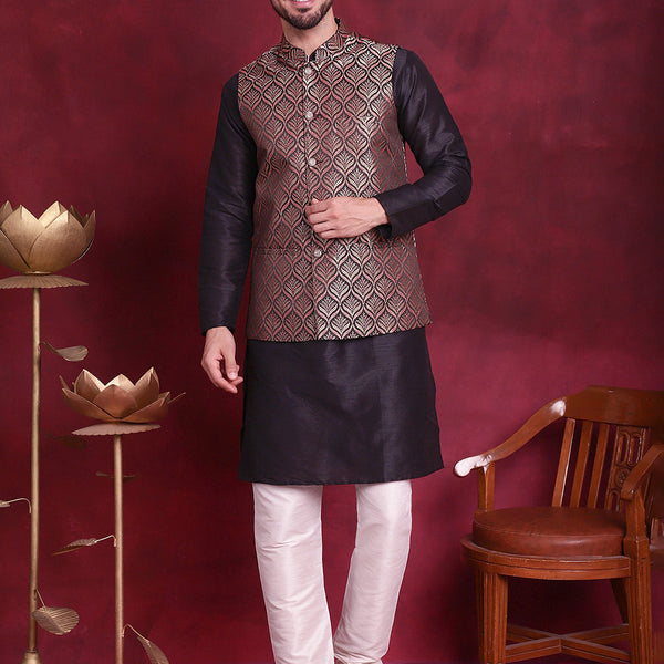 Jompers Men's Woven Design Nehru Jacket With Kurta Pyjama Set - Maroon - Distacart