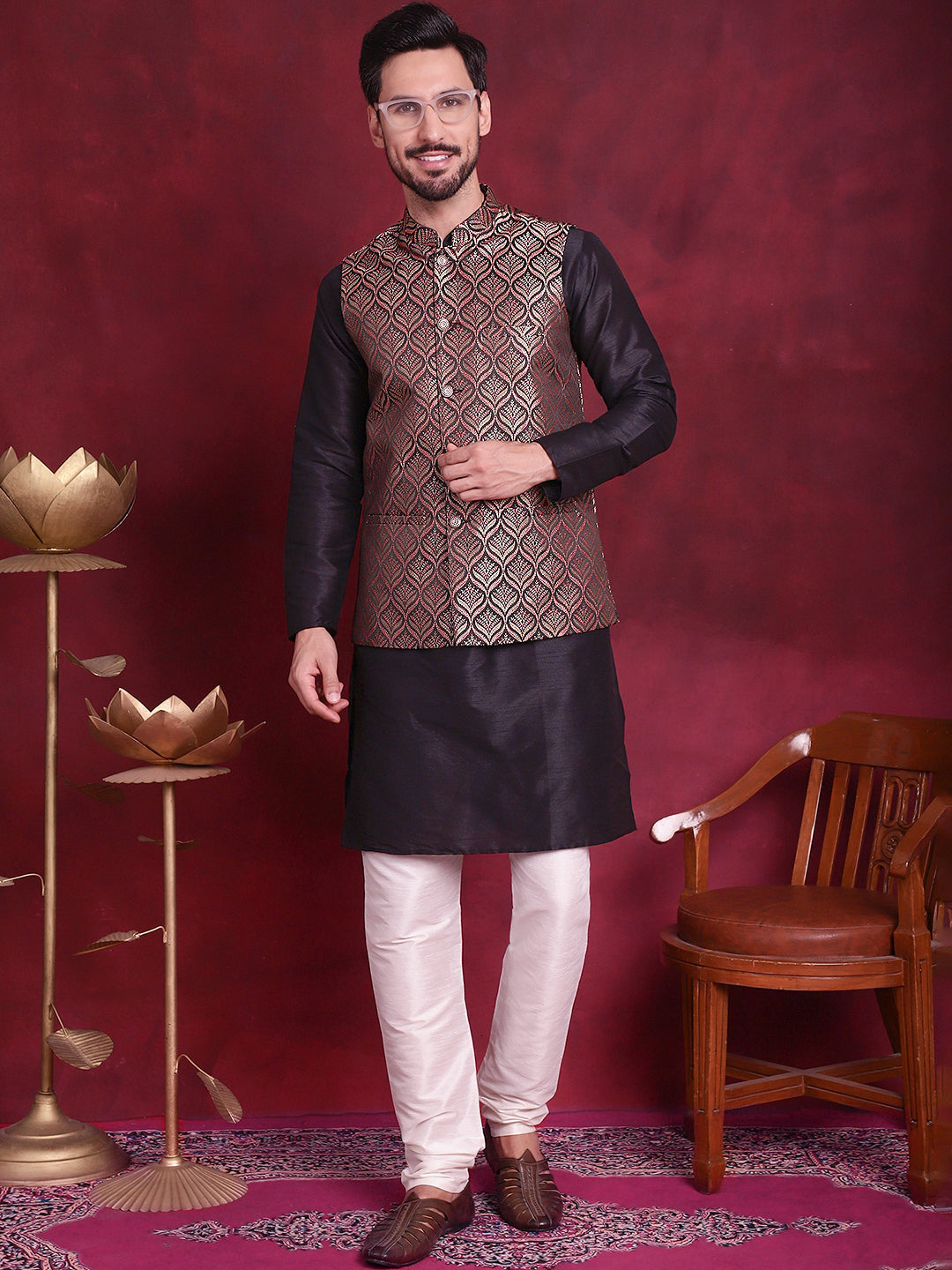 Jompers Men's Woven Design Nehru Jacket With Kurta Pyjama Set - Maroon - Distacart