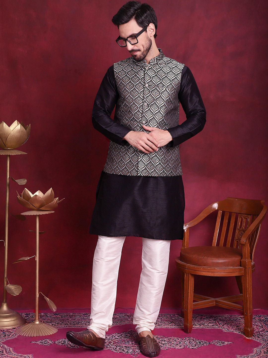 Jompers Men's Woven Design Nehru Jacket With Kurta Pyjama Set - Silver - Distacart