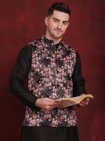 Thumbnail for Jompers Men's Black Floral Printed Nehru Jacket With Kurta Pyjama Set - Distacart