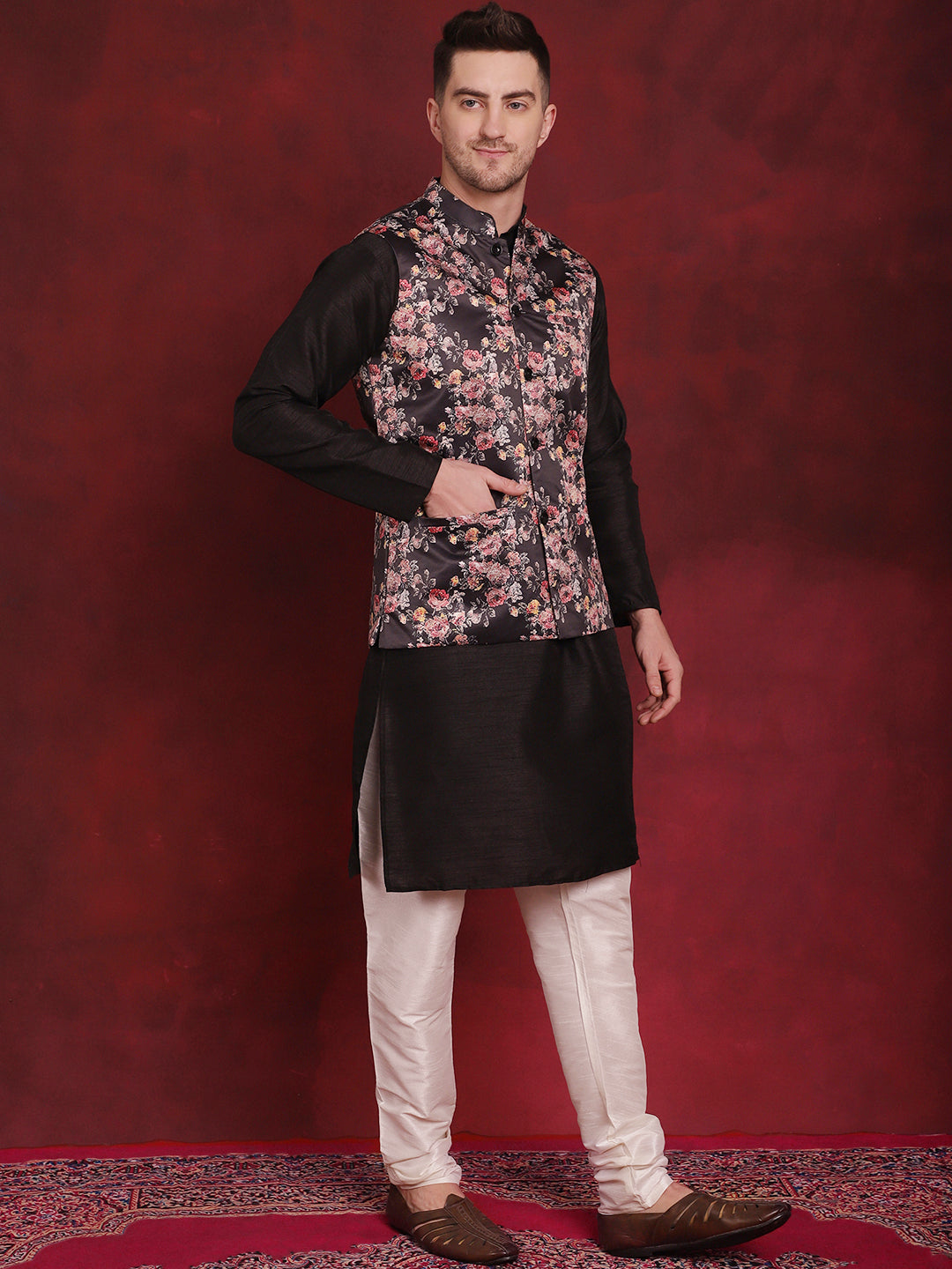 Jompers Men's Black Floral Printed Nehru Jacket With Kurta Pyjama Set - Distacart
