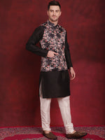 Thumbnail for Jompers Men's Black Floral Printed Nehru Jacket With Kurta Pyjama Set - Distacart