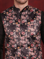 Thumbnail for Jompers Men's Black Floral Printed Nehru Jacket With Kurta Pyjama Set - Distacart