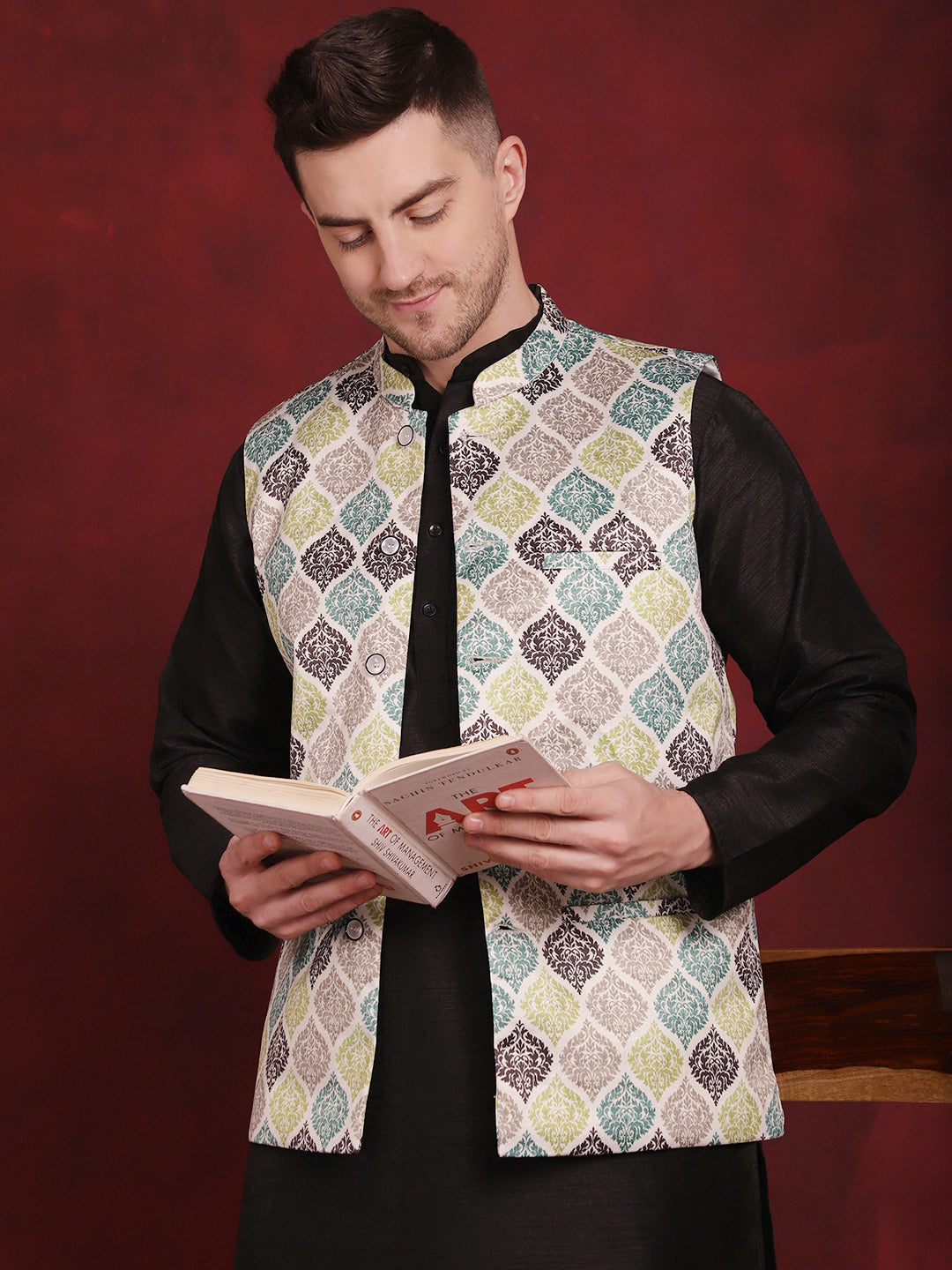 Jompers Men's Green Floral Printed Nehru Jacket With Kurta Pyjama Set - Distacart