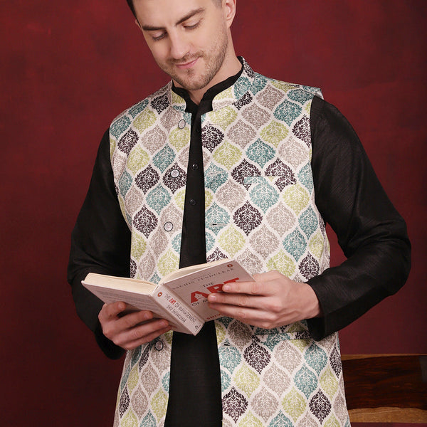 Jompers Men's Green Floral Printed Nehru Jacket With Kurta Pyjama Set - Distacart
