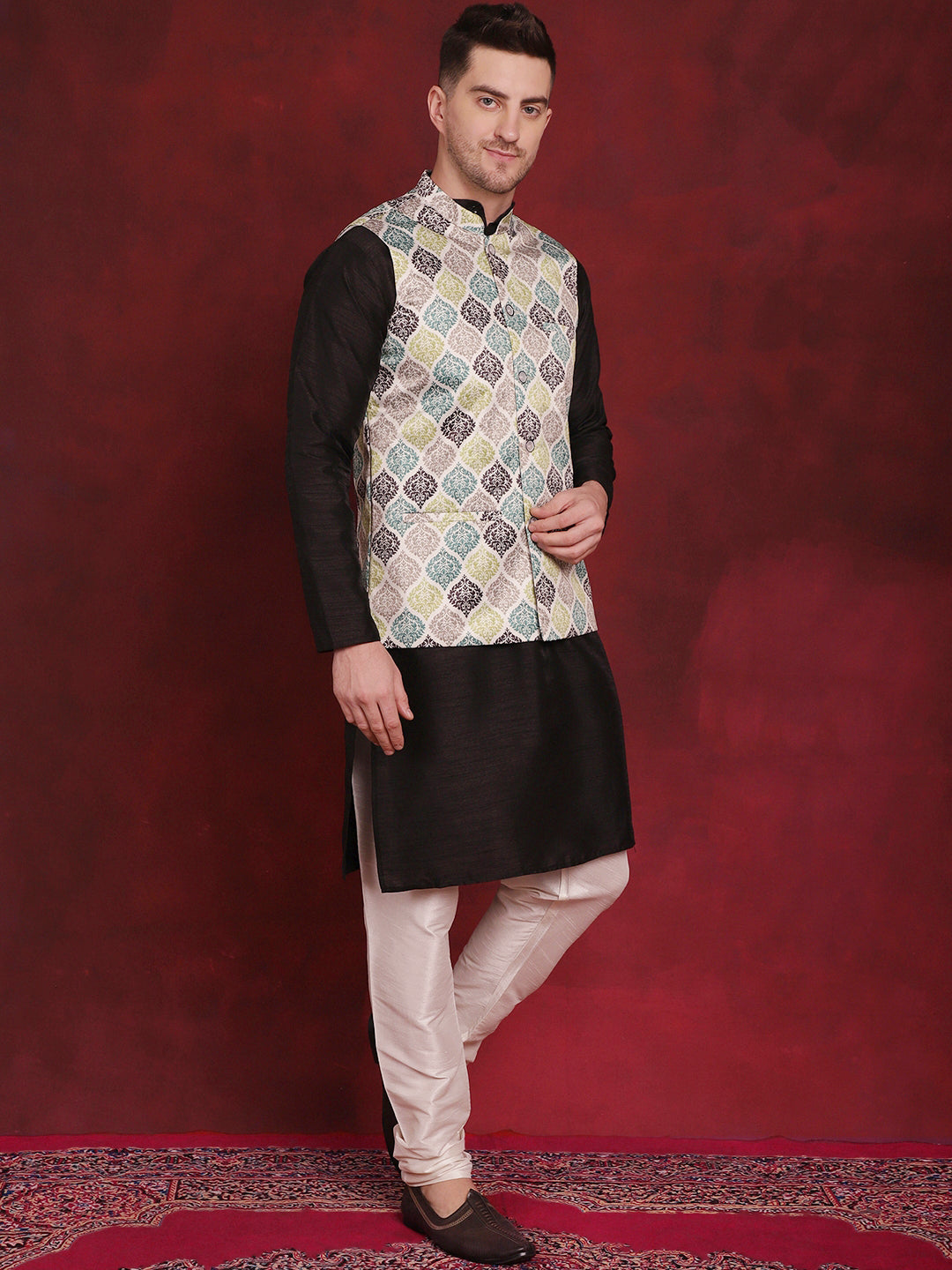 Jompers Men's Green Floral Printed Nehru Jacket With Kurta Pyjama Set - Distacart