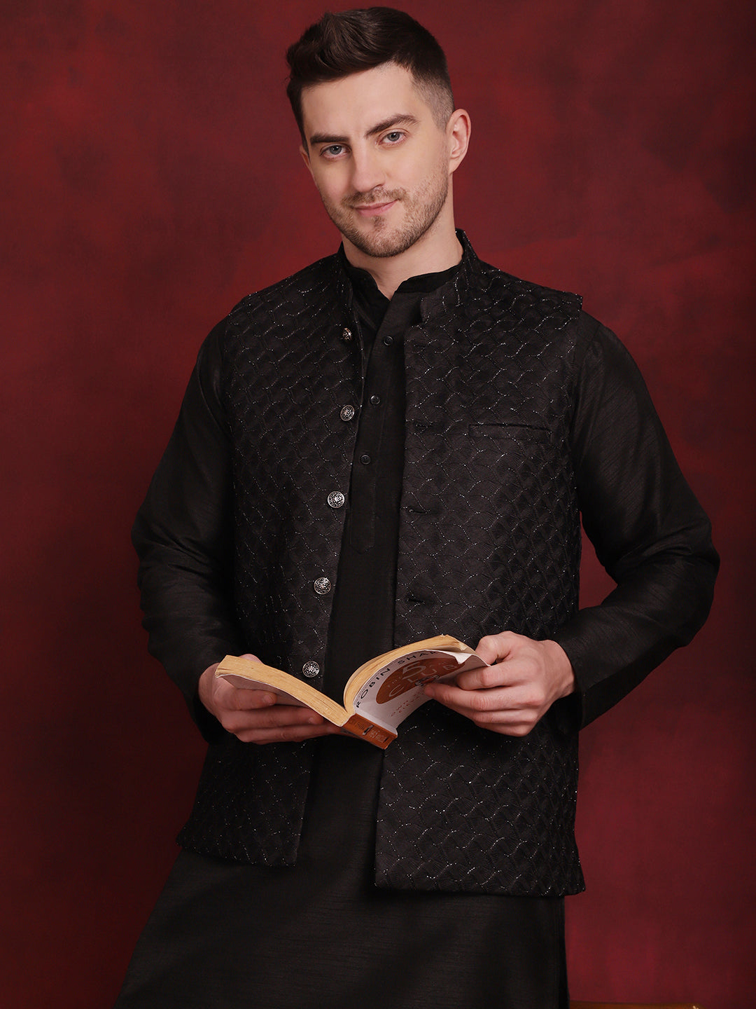 Jompers Men's Black Woven Design Nehru Jacket With Kurta Pyjama Set - Distacart