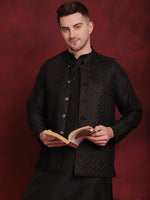 Thumbnail for Jompers Men's Black Woven Design Nehru Jacket With Kurta Pyjama Set - Distacart