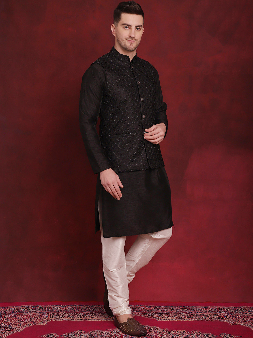 Jompers Men's Black Woven Design Nehru Jacket With Kurta Pyjama Set - Distacart