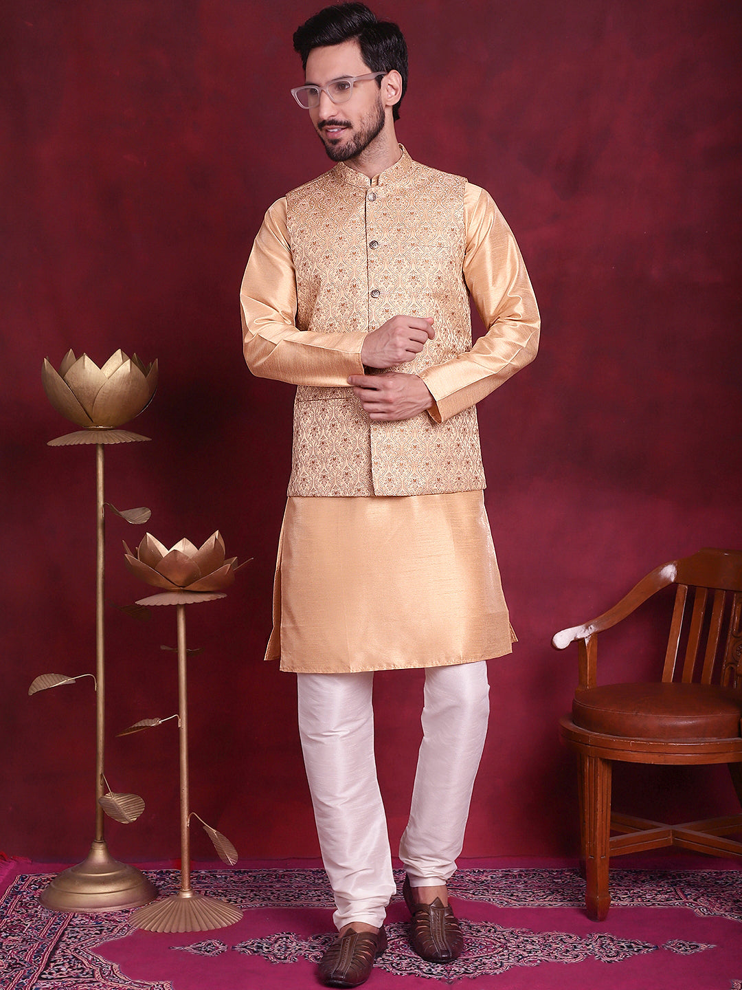 Jompers Men's Woven Design Nehru Jacket With Kurta Pyjama Set - Cream - Distacart