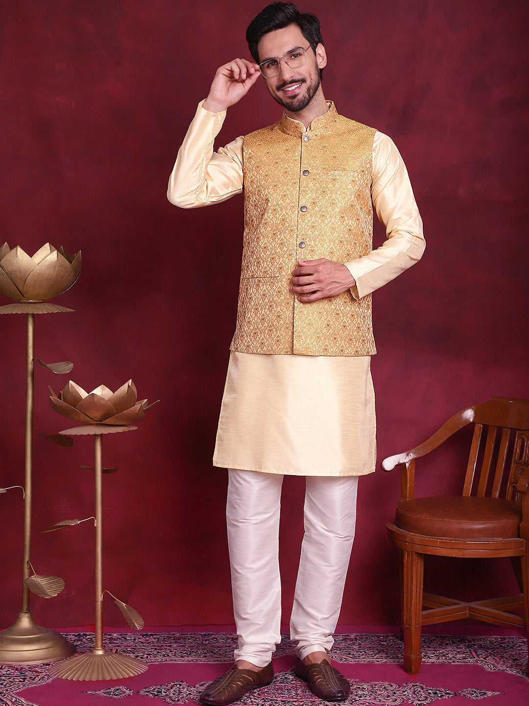 Jompers Men's Woven Design Nehru Jacket With Kurta Pyjama Set - Mustard - Distacart