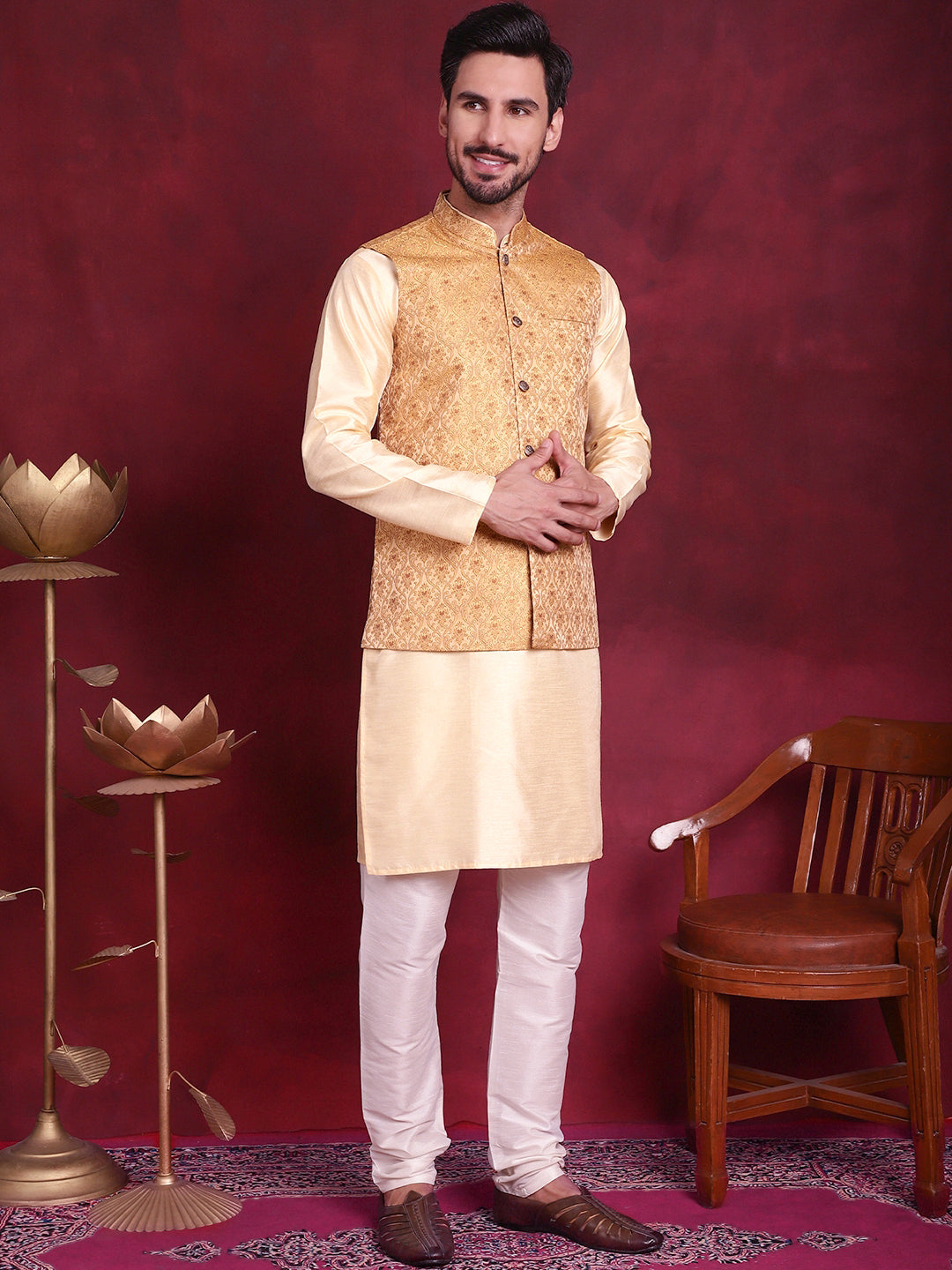 Jompers Men's Woven Design Nehru Jacket With Kurta Pyjama Set - Mustard - Distacart
