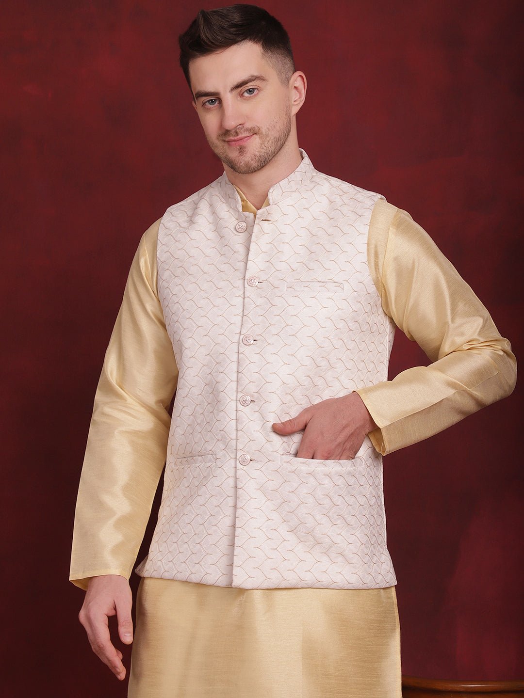 Jompers Men's White Woven Design Nehru Jacket With Kurta Pyjama Set - Distacart