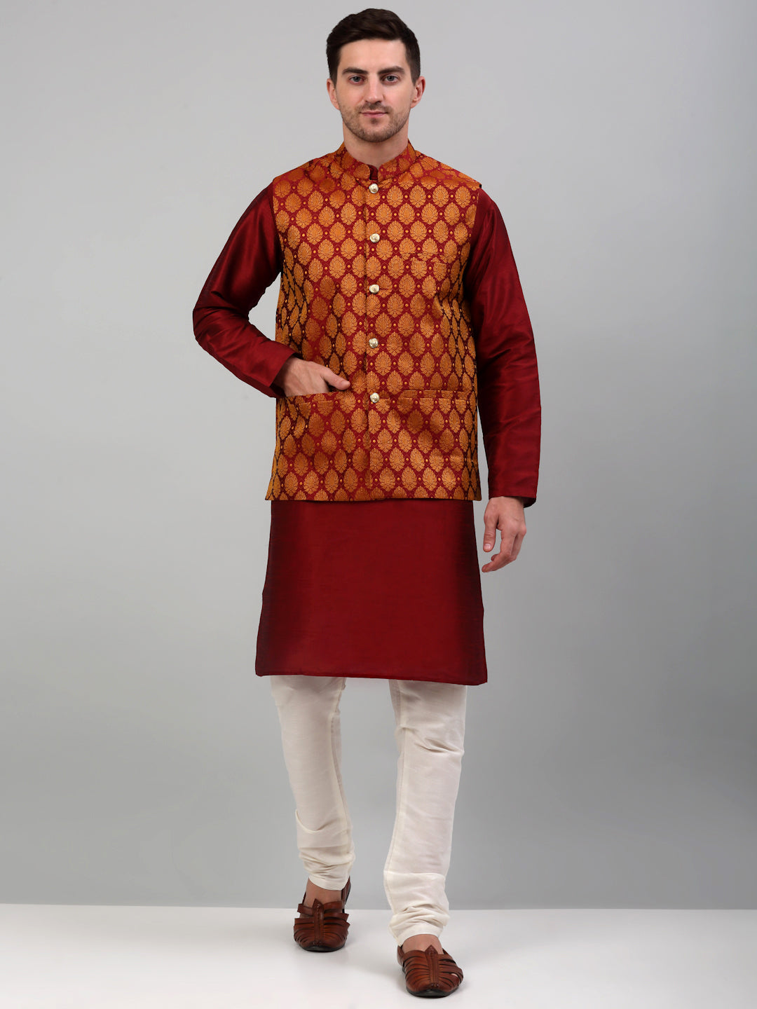 Jompers Men's Woven Design Nehru Jacket and Kurta Pyjama Set - Maroon - Distacart